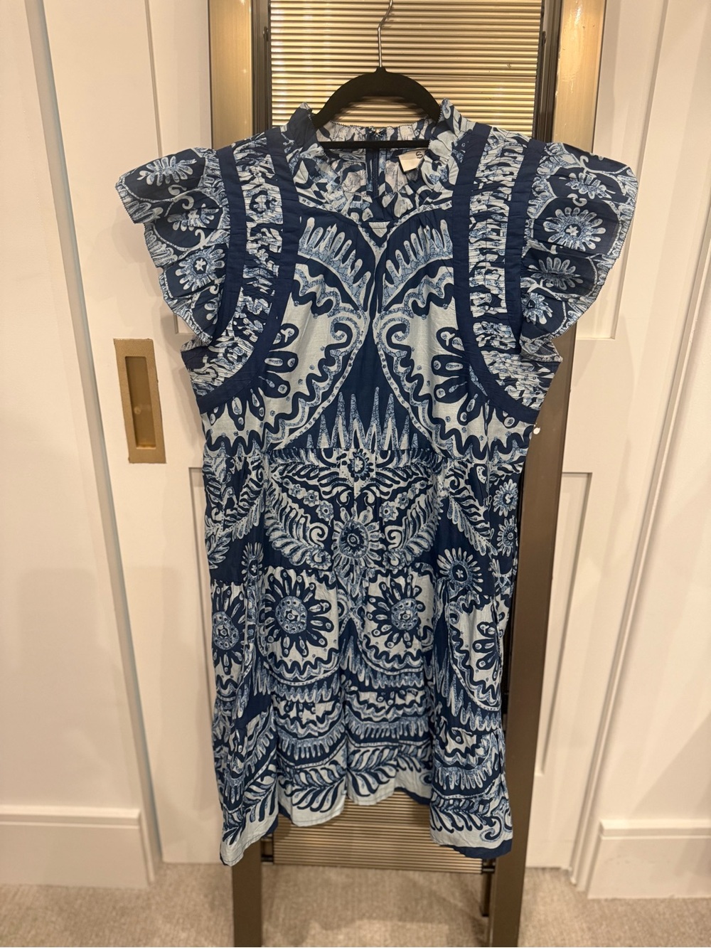 Sea New York Blue & White Printed Ruffle-Neck Dress